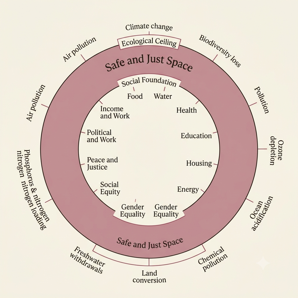 Doughnut economics diagram: a safe and just space between a social foundation and an ecological ceiling