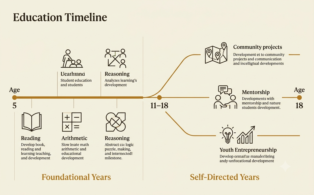 Proposed age and curriculum timeline, from foundational primary grades through self-directed secondary years